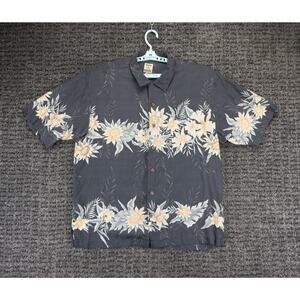 Tommy Bahama Shirt Mens Large Gray Floral Print 100% Silk Beach Aloha Hawaiian